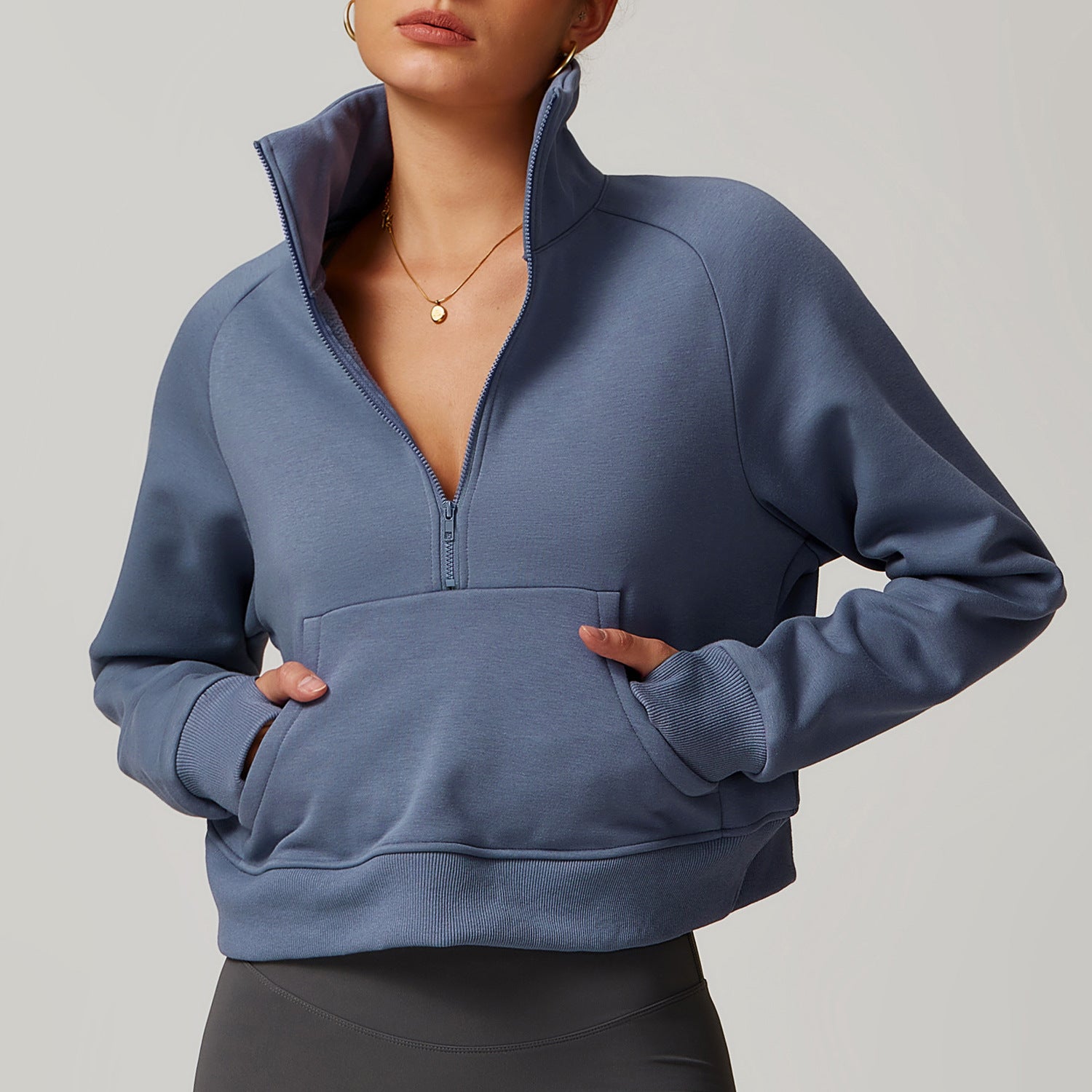 Blue half-zip pullover sweatshirt with kangaroo pocket from Langry fashion ملابس