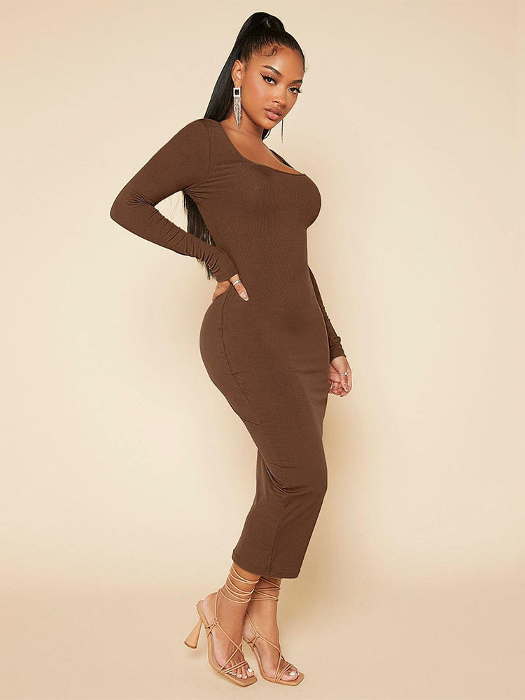 Elegant graceful slim long-sleeved brown midi dress showcasing timeless fashion and ملابس