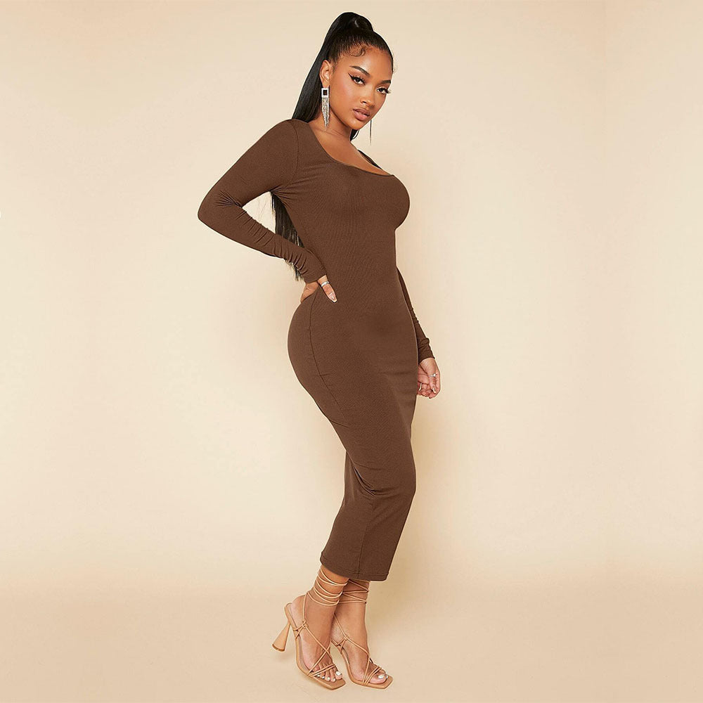 Elegant graceful slim long-sleeved brown midi dress showcasing timeless fashion and ملابس