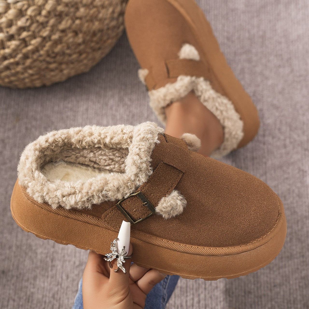 Brown suede-like slipper with faux fur trim for stylish comfort in ملابس