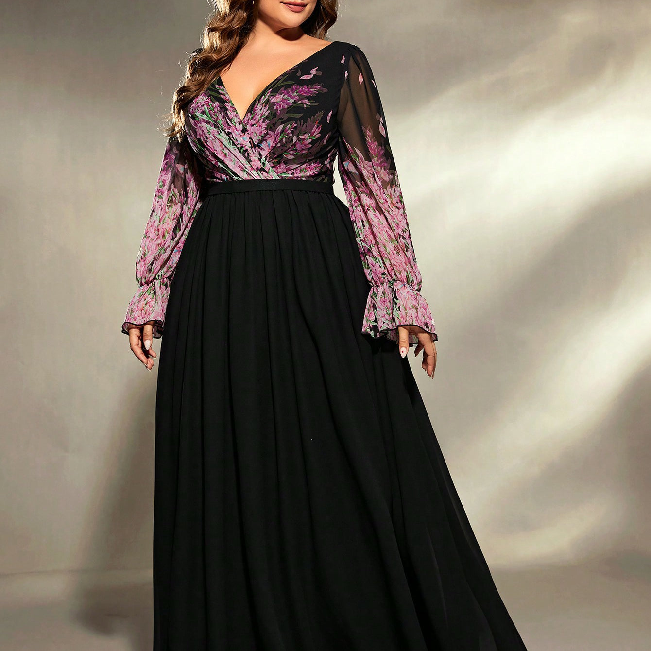 Plus size black chiffon long sleeve ball gown evening dress
