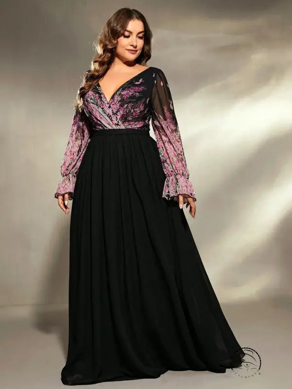 Plus size black chiffon ball gown evening dress with pink lace long sleeve bodice