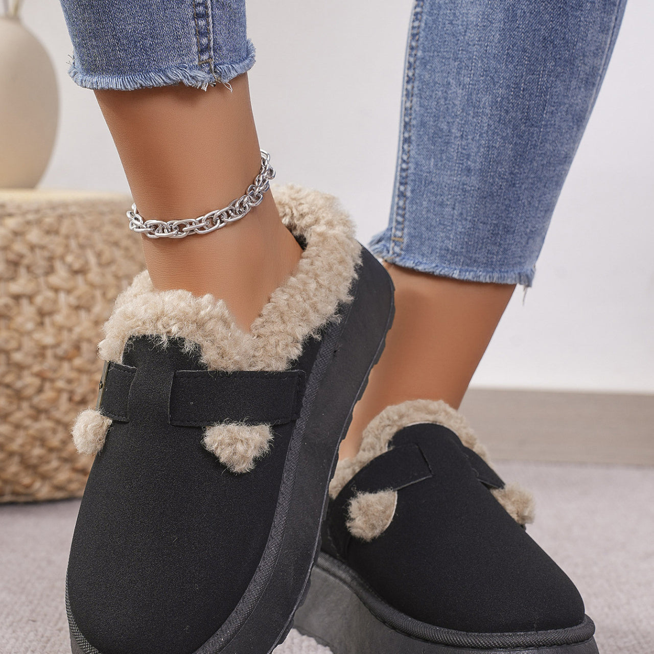Black platform slipper mules with faux fur trim from Langry for fashionable casual wear