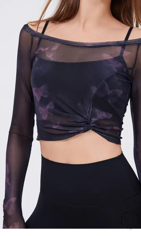 Floral Butterfly Faux Two Piece Sports t Shirt Women Long Sleeve with Chest Pad Yoga Clothes Mesh Top Quick Drying