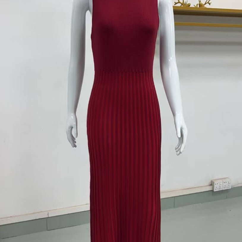 Sleeveless burgundy ribbed maxi dress with mock turtleneck for stylish fashion wear