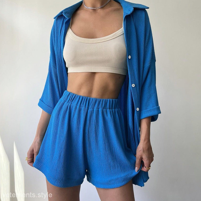 Blue textured shorts and shirt set from Comfy Loose Loungewear, perfect for relaxation
