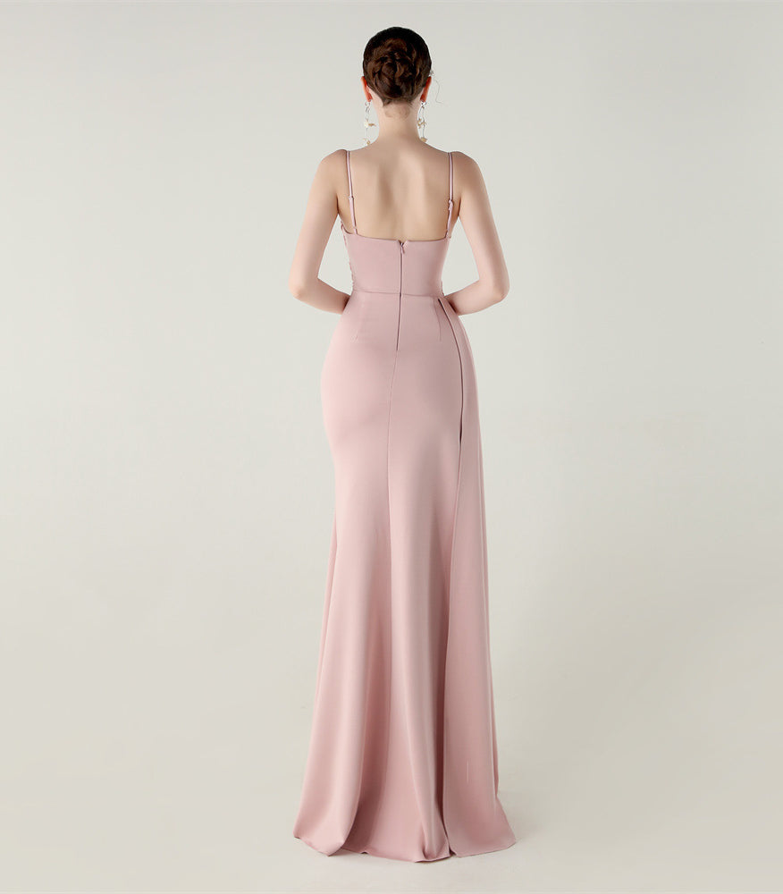 Elegant blush-pink satin langry evening dress with high slit