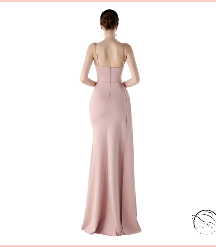 Elegant blush-pink satin langry evening dress with high slit