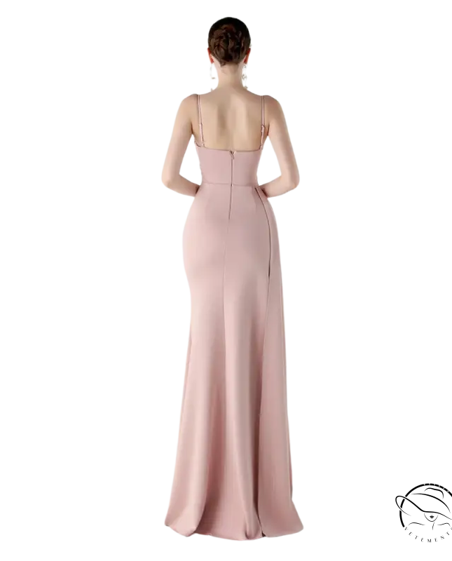 Elegant blush-pink langry satin evening dress with high slit