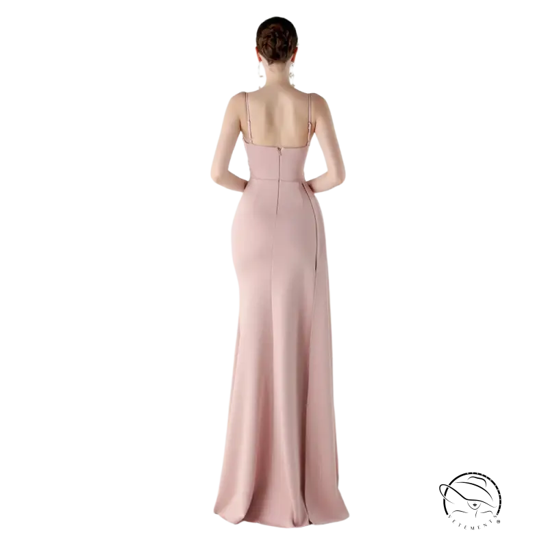 Elegant blush-pink langry satin evening dress with high slit