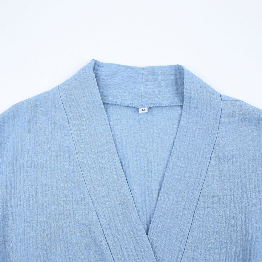 Light blue textured pure cotton casual nightgown kimono robe for lounge wear