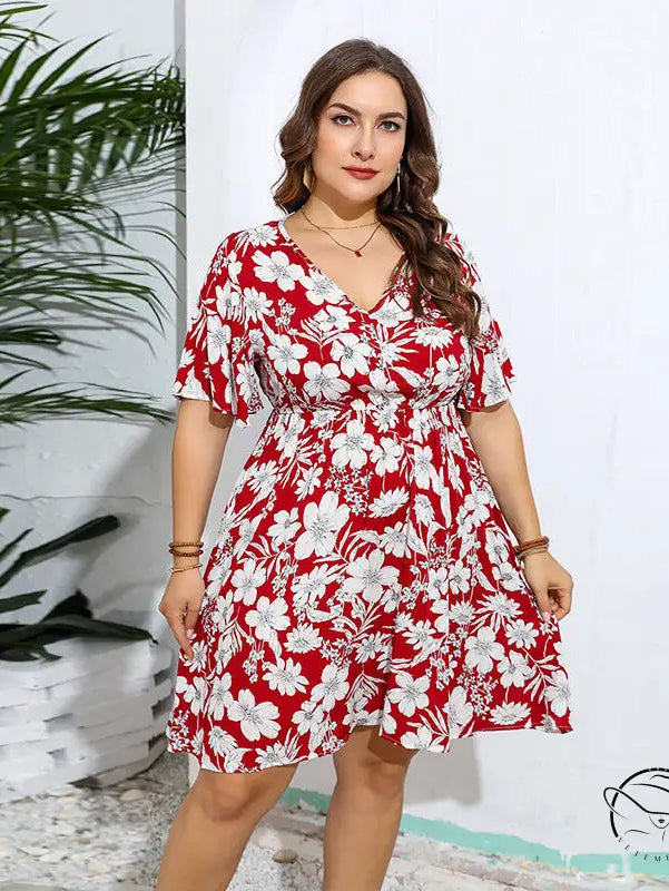 Casual V neck loose dress in red and white floral print with flutter sleeves