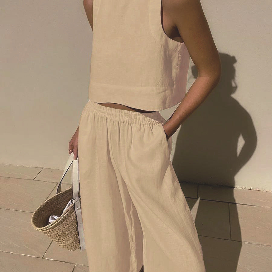 Beige sleeveless top and wide-leg pants set from Langry fashion ملابس collection