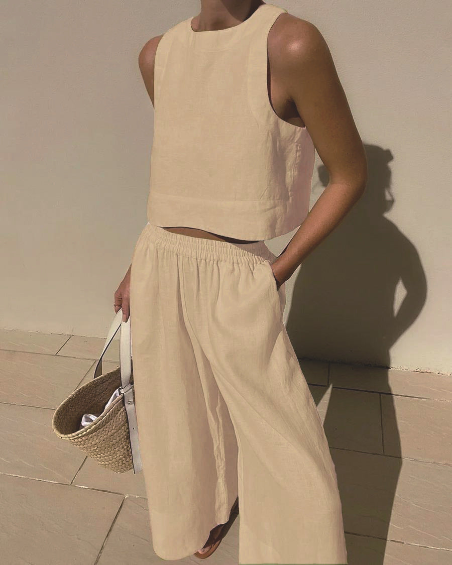 Beige sleeveless top and wide-leg pants set from Langry fashion ملابس collection