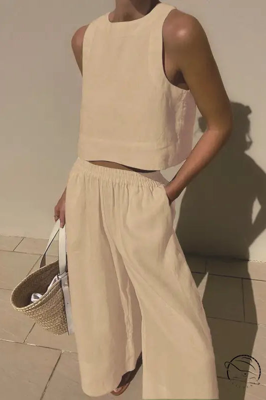 Beige linen casual loose sleeveless shirt two piece set