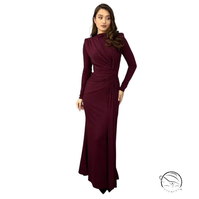 Sleek burgundy long-sleeved maxi dress with draped neckline and fitted silhouette