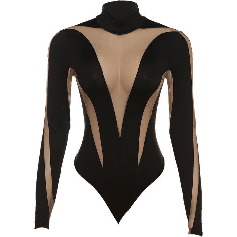 Black and beige long-sleeved bodysuit from Summer Women Clothing with casual mesh stitching