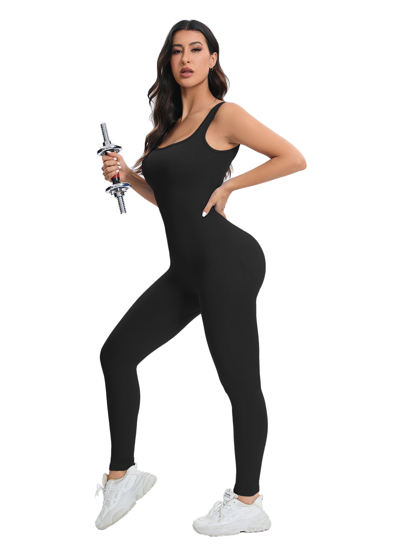 Langry black racerback seamless workout jumpsuit in peach slim fit fashion