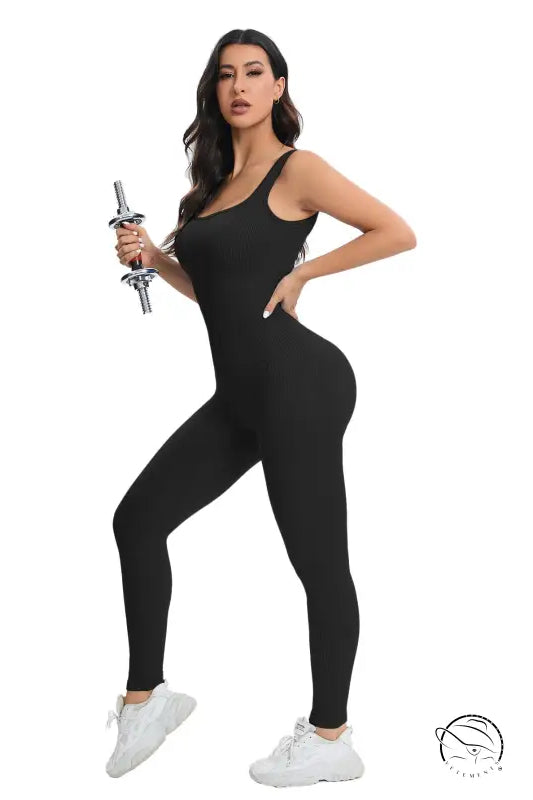 Langry black racerback seamless workout jumpsuit in peach slim fit fashion ملابس