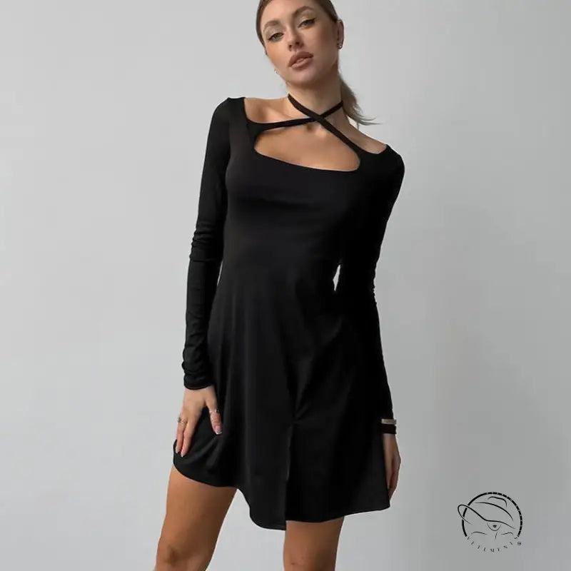 Black elegant knitted langry fashion dress with cutout neckline