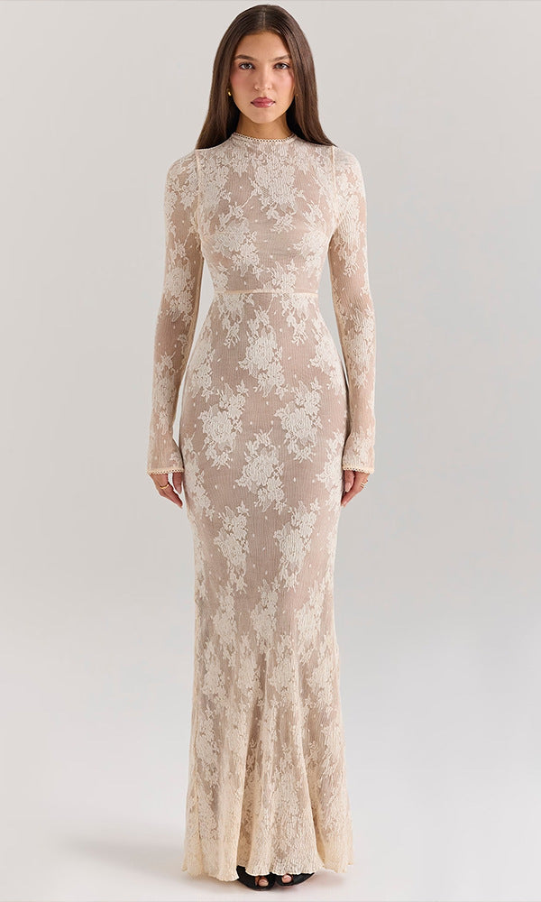 Long-sleeved floral lace maxi dress from Stunning Slim Sheath Dress in modern fashion ملابس