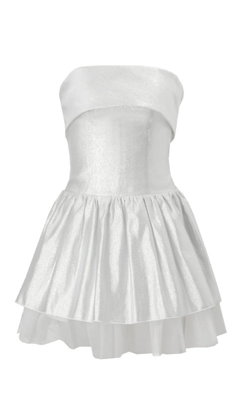 Elegant Off Shoulder Short Dress featuring a white strapless design and layered skirt, fashion ملابس