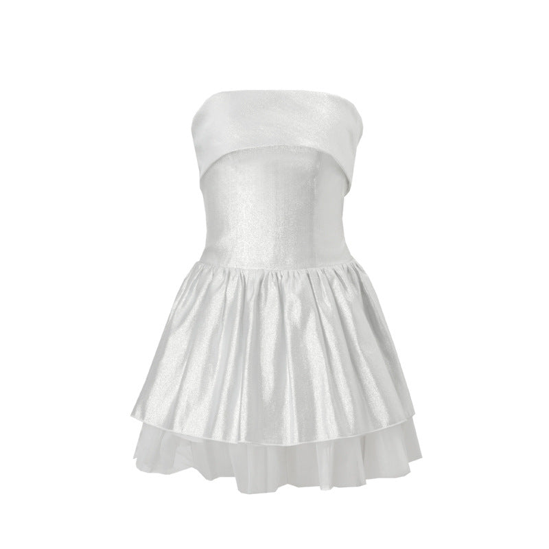Elegant Off Shoulder Short Dress featuring a white strapless design and layered skirt, fashion ملابس