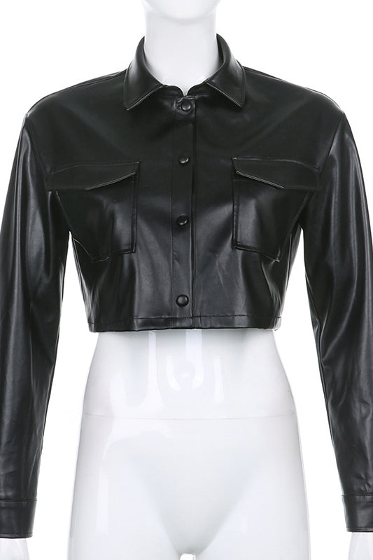 Langry black leather cropped jacket with button-down front and patch pockets, fashion apparel