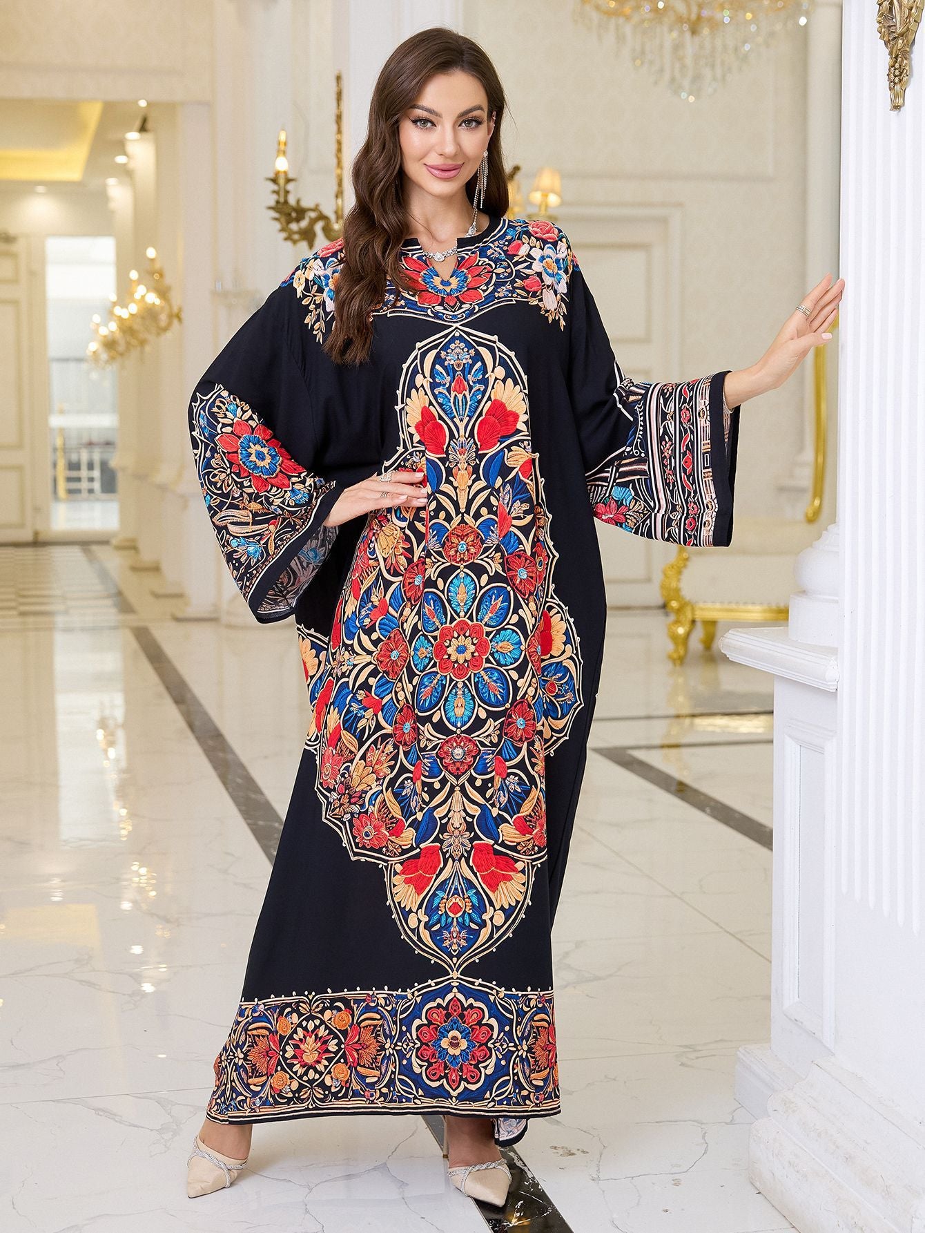 Elegant loose black floral kaftan dress with bell sleeve length