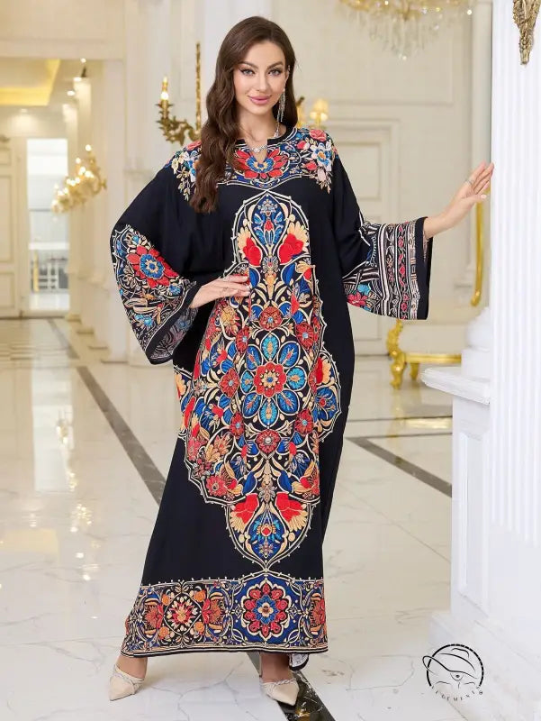 Elegant loose black floral kaftan dress with bell sleeve length