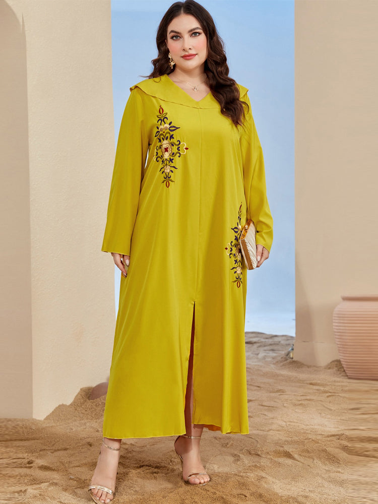 Yellow embroidered langry abaya with hood and side slit fashion dress