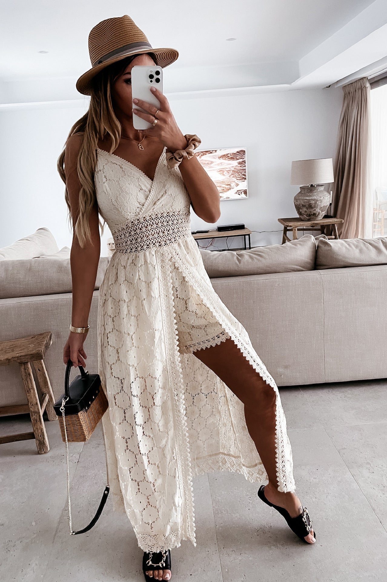 White lace maxi dress with beaded waistband and side slit for elegant fashion ملابس