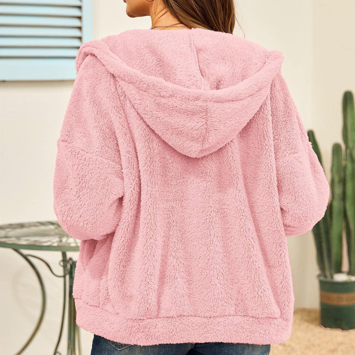 Pink hooded fuzzy jacket on cute fleece sweater with long sleeve zipper and loose fit