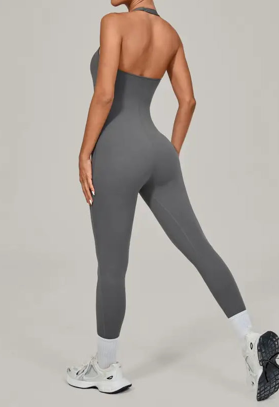 Sleek gray langry fashion halter yoga jumpsuit for outdoor wear