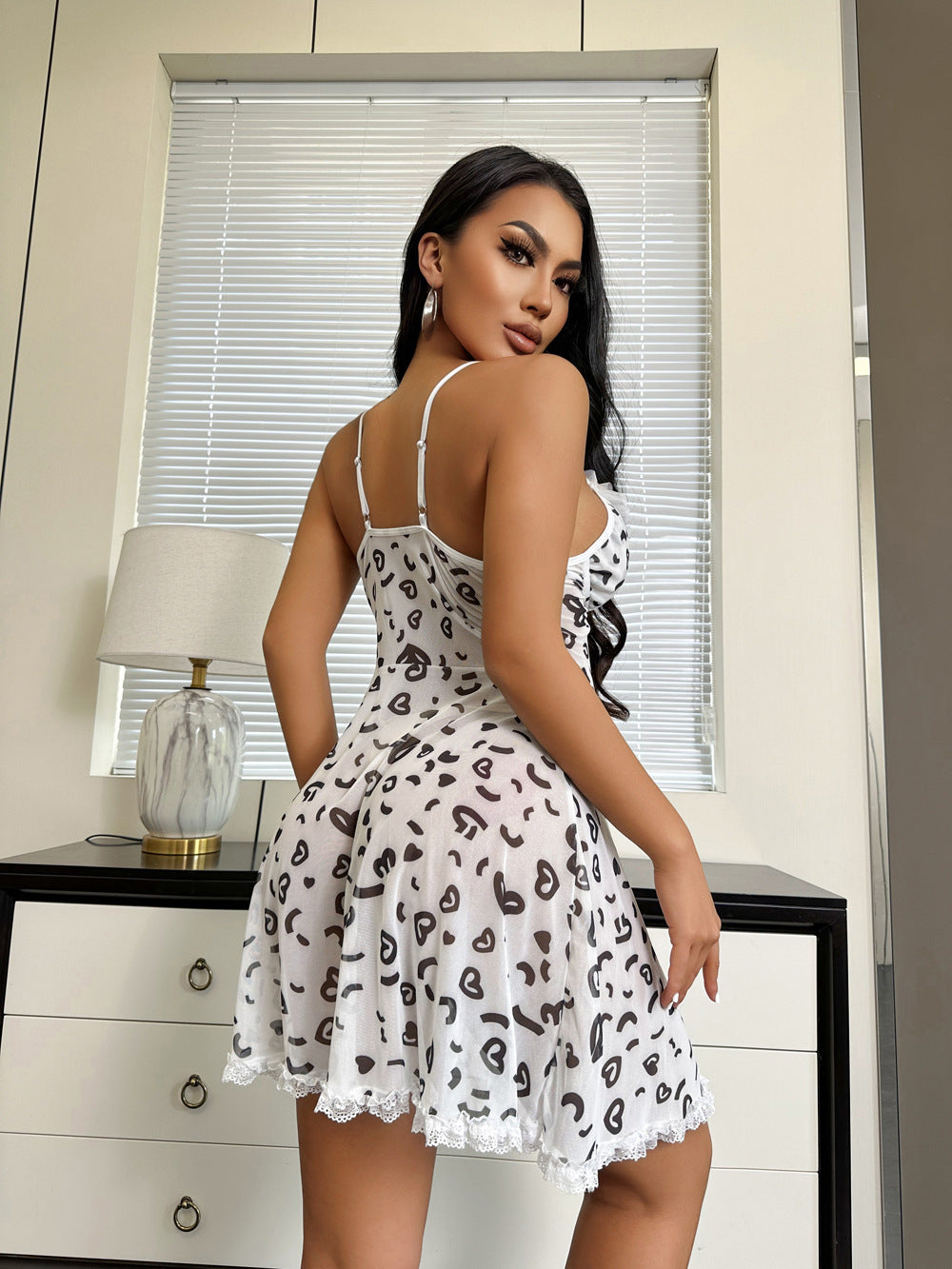 Lingerie Heart Shaped Lace See Through Sling Dress Home Nightdress