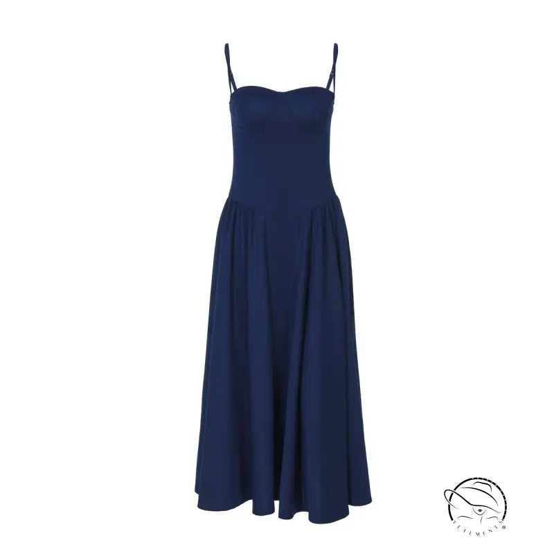Navy blue backless sling dress with spaghetti straps