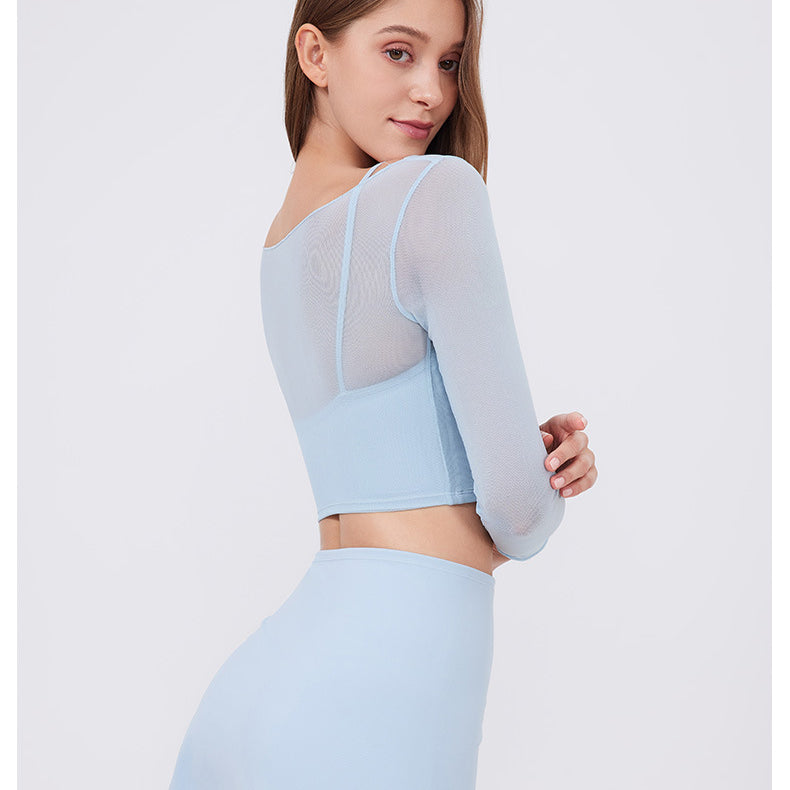 Faux Two Piece Mesh Sports t Shirt Women Long Sleeve with Chest Pad Yoga Clothes Cropped Top Quick Drying Slimming
