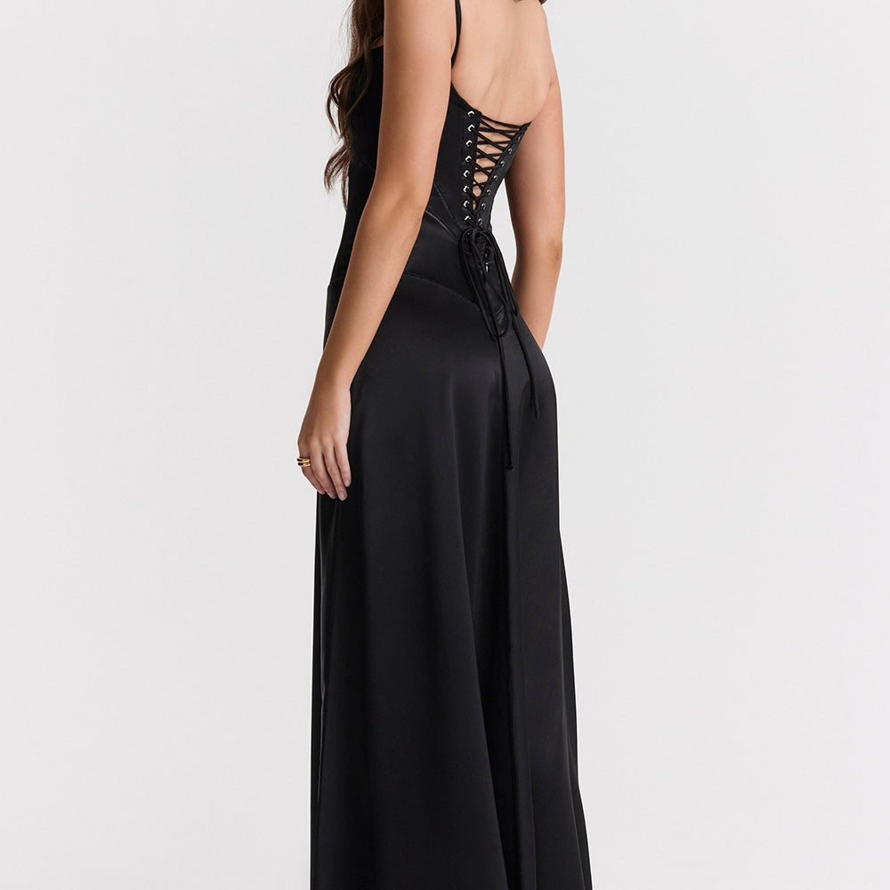 Elegant black satin corset-back gown, a stunning choice for evening fashion ملابس