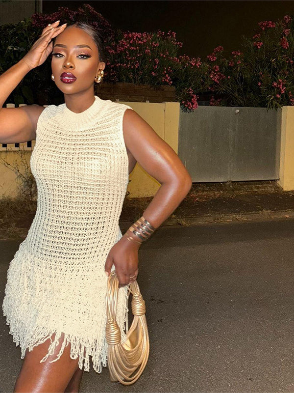 Summer Women Clothing Sleeveless Tassel Hollow out Cutout Slim Fit Elegant Stitching Dress