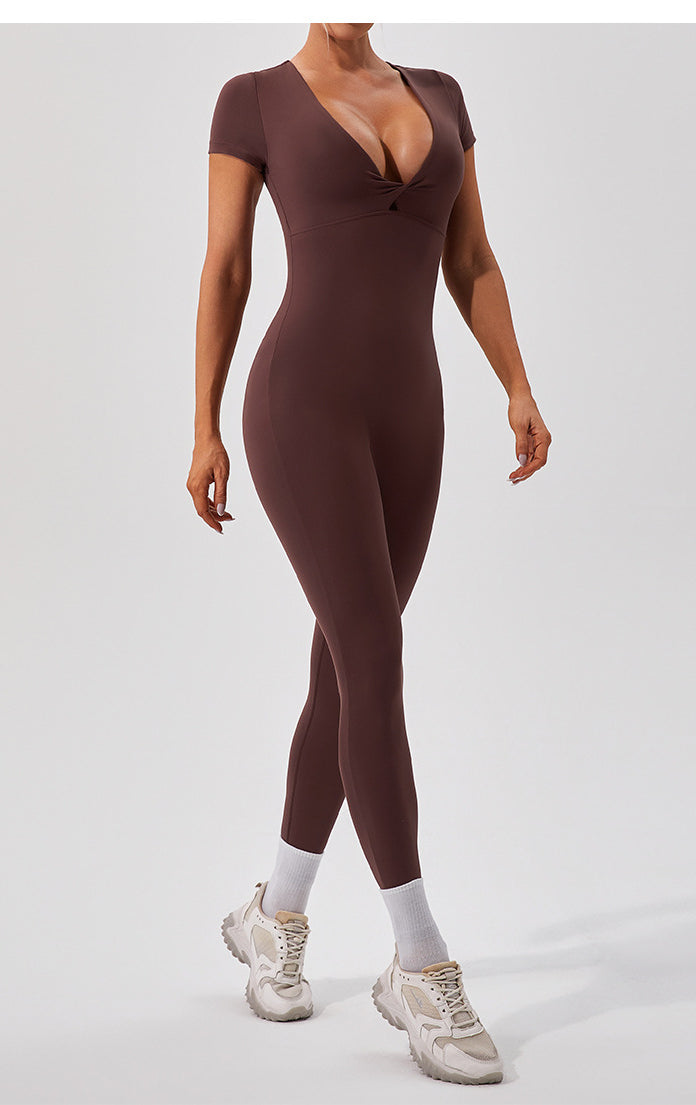 Sleek langry chocolate-brown yoga fitness bodysuit with v-neck and short sleeves