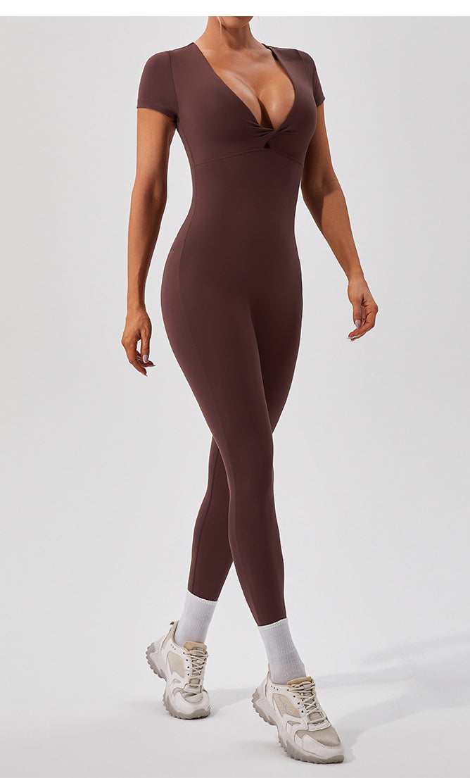 Sleek langry chocolate-brown yoga fitness bodysuit with v-neck and short sleeves