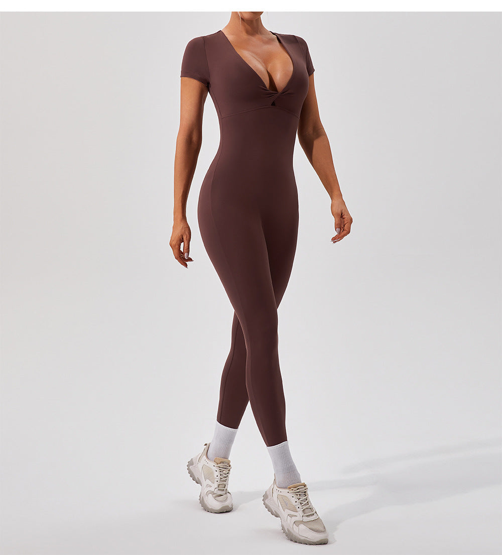 Sleek langry chocolate-brown yoga fitness bodysuit with v-neck and short sleeves