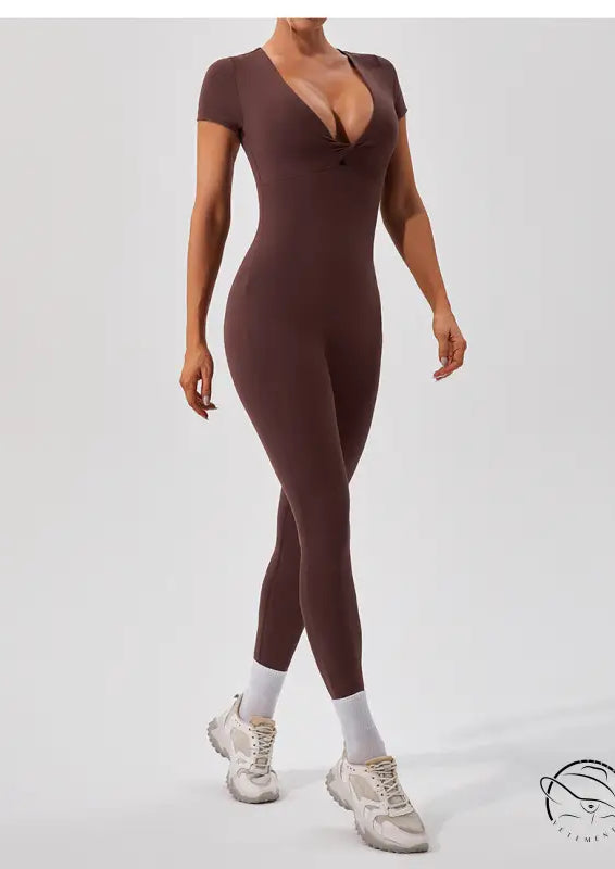 Sleek langry chocolate-brown yoga fitness bodysuit with v-neck