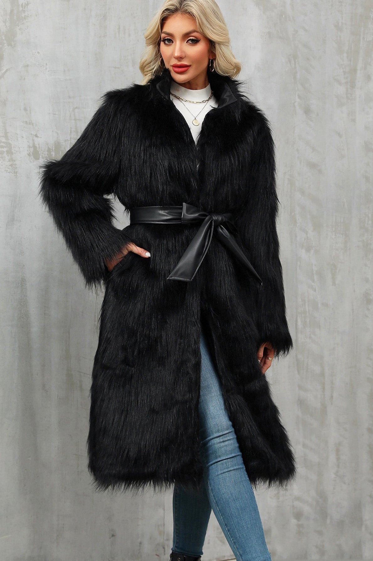 Long black faux fur coat with belt, Langry fashion overknee style