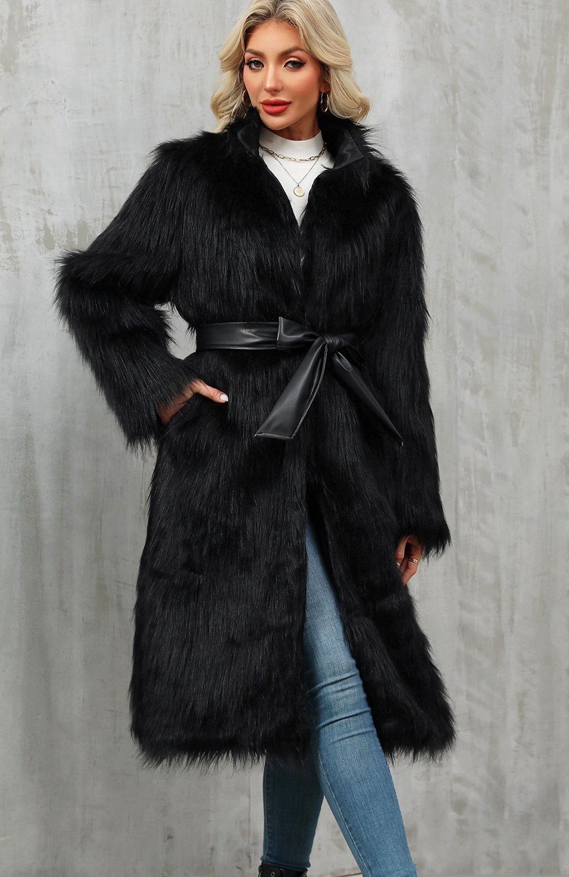Long black faux fur coat with belt, Langry fashion overknee style