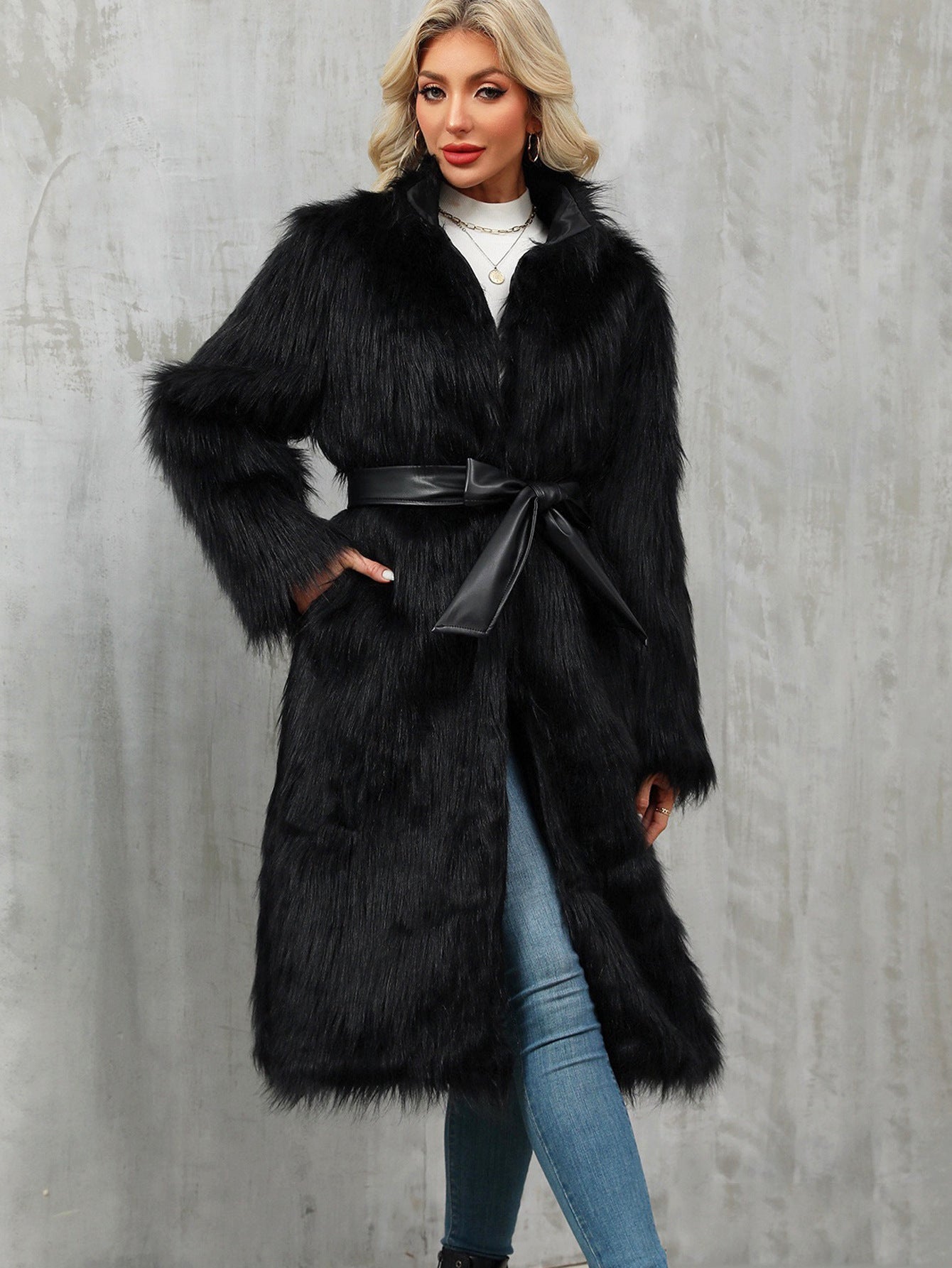 Long black faux fur coat with belt, Langry fashion overknee style
