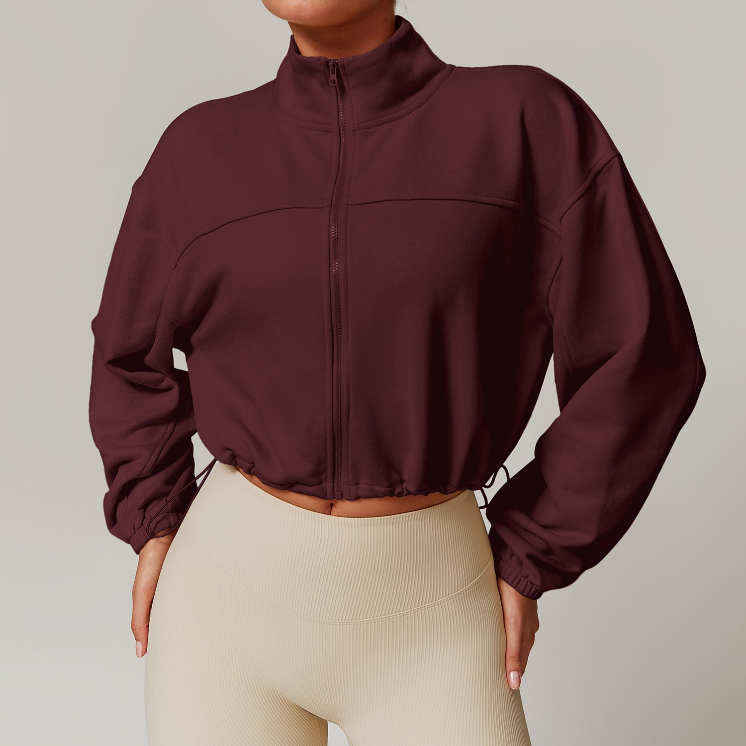 Cropped burgundy zip-up jacket with balloon sleeves for trendy Fall Winter fashion ملابس