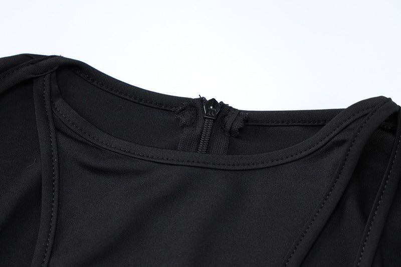 Black women clothing summer irregular asymmetric jumpsuit with neckline zipper detail