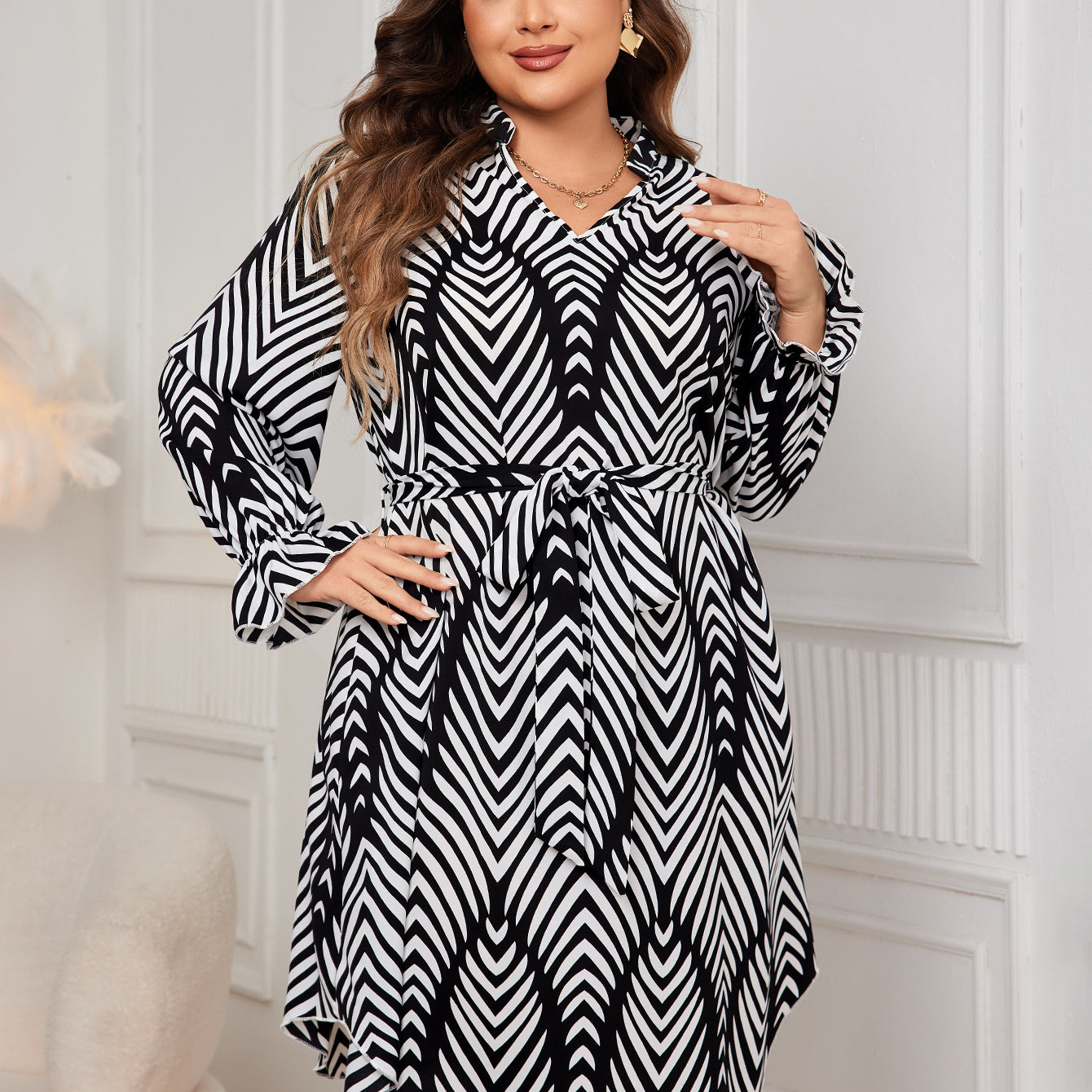 Cute and Comfy High Waist Dress in black and white chevron pattern for stylish fashion moments