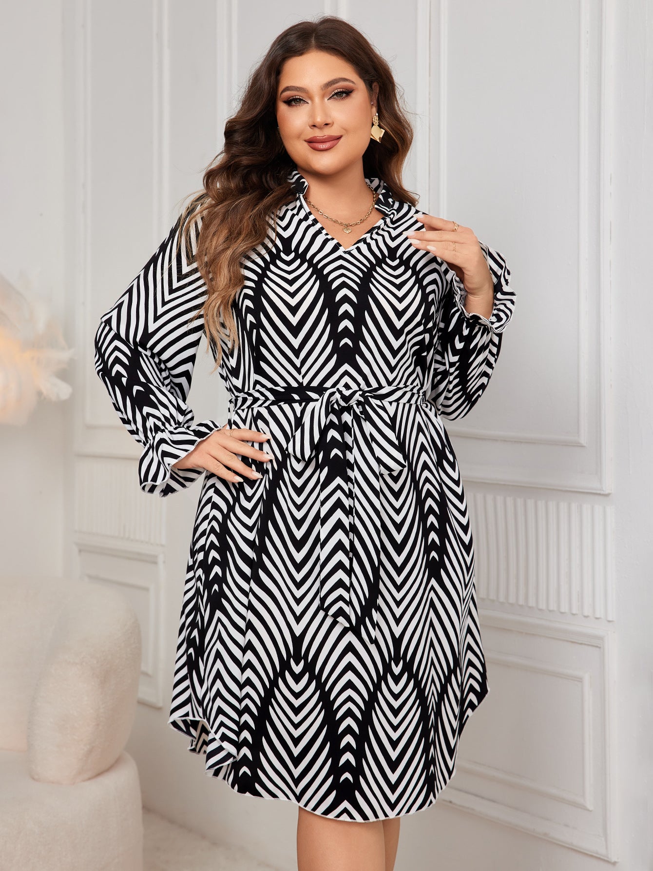 Cute and Comfy High Waist Dress in black and white chevron pattern for stylish fashion moments